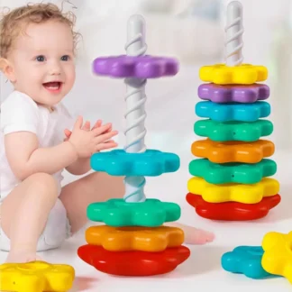 Tour Arc-en-Ciel Rotative Montessori – Jouet d'Empilage en Bois